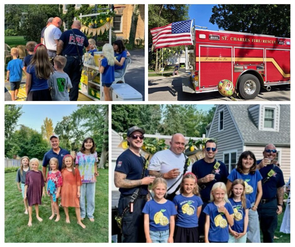 A collage of photos of the fire department and mayor with kids at a lemonade stand.