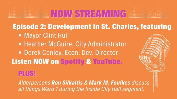 An orange graphic with words about the podcast guests and where to listen to episode 2.