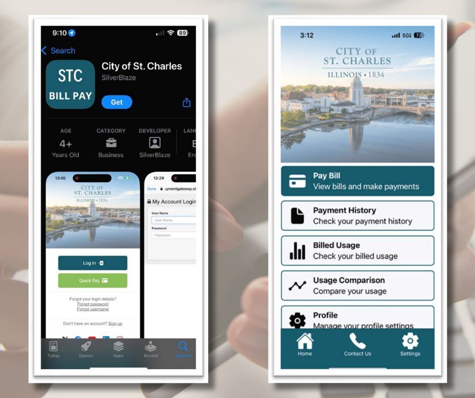 Two homepage images of the new app with a hand scrolling on a smart phone behind the images.