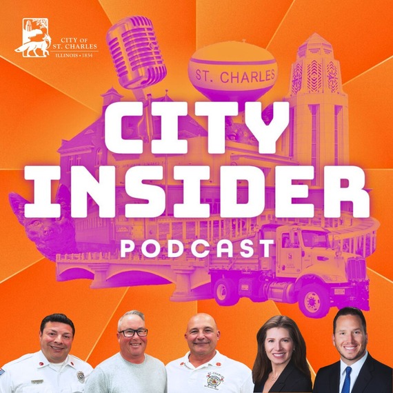 Two alderperson stand shoulder to shoulder with firefighters with the podcast logo in the background.