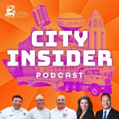 Two alderperson stand shoulder to shoulder with firefighters with the podcast logo in the background.