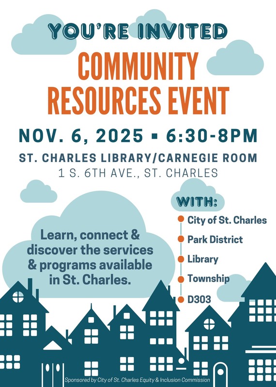 A graphic with a sky and city buildings with information about an upcoming community resources event.