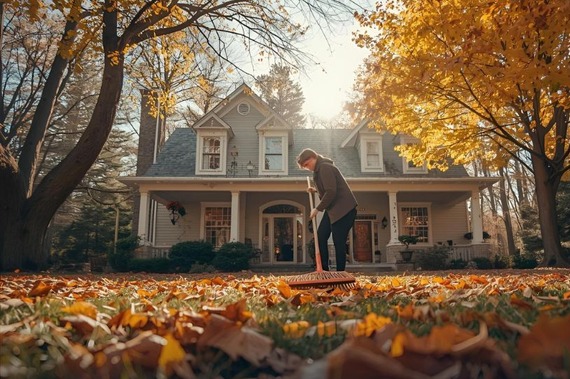 A person rakes leaves in front of their house (AI image).