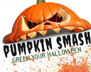 An angry looking pumpkin head has the words Pumpkin Smash in its mouth with a splatter.