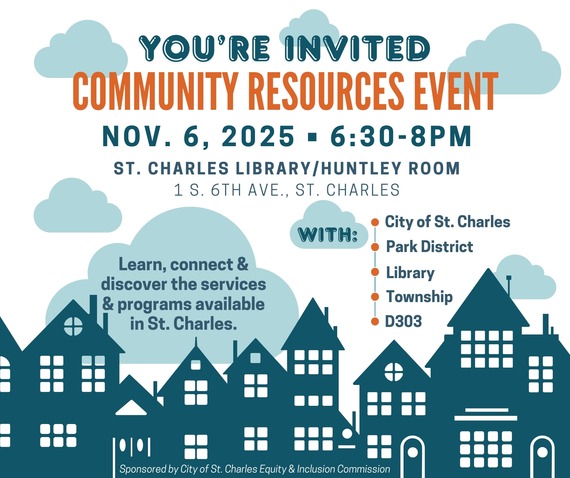 graphic featuring information about a community resources event with a city skyline and clouds.