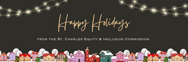 A black background with holiday lights and a small town bordering that says happy holidays in the center.