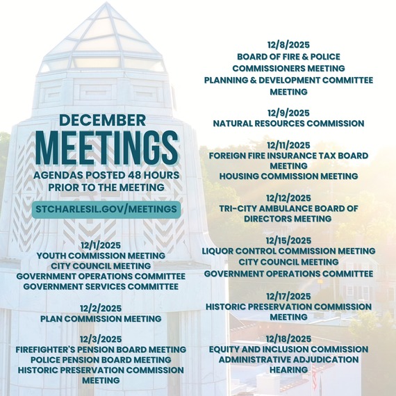 A graphic with meeting dates and the municipal tower at sunrise.