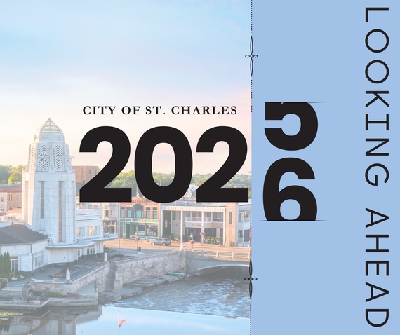 A graphic with a faded image of the municipal building and the words "Looking Ahead" in large print.