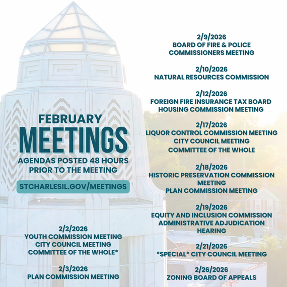 Municipal building tower at sunrise with meetings dates overlaid.