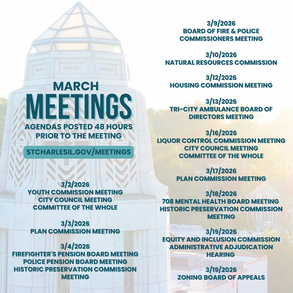 March meetings graphic with the municipal building in the background.