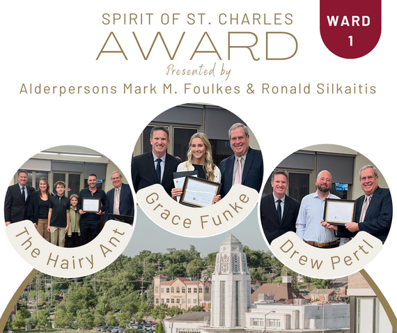 A graphic highlighting Ward 1 recipients of the Spirit of St. Charles Awards in February 2026.