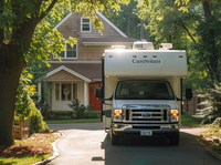 An RV is parked in a driveway of a house. AI image.