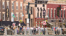 Downtown Main street in St. Charles, Illinois on a summer day.