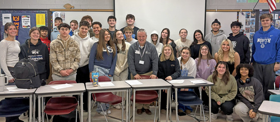 Mayor Hull at St. Charles North High School with a classroom full of students.