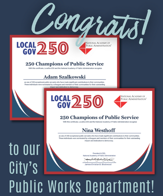 Graphic showcasing two certificates won by the City of St. Charles Public Works employees.