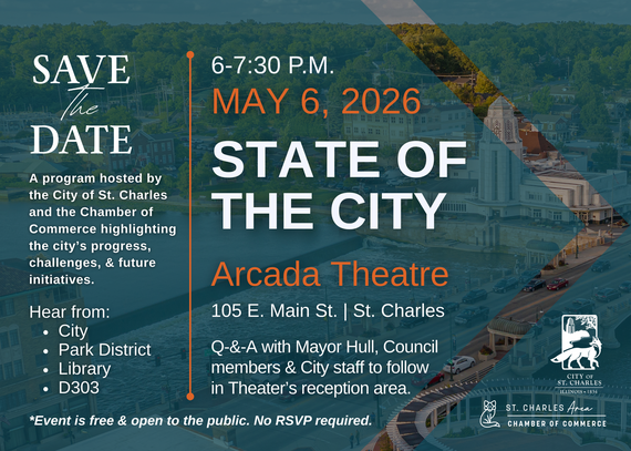 An aerial view of downtown St. Charles with a teal overlay and information regarding the State of the City.