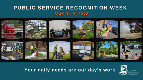 A graphic with City staff members performing various duties, including Public Works, Police and Fire Department tasks.