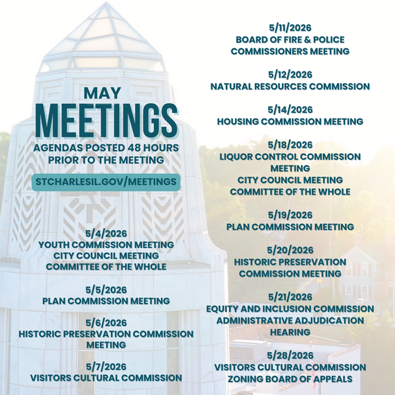 An image of the Municipal Building tower at sunrise with meetings dates listed for May.