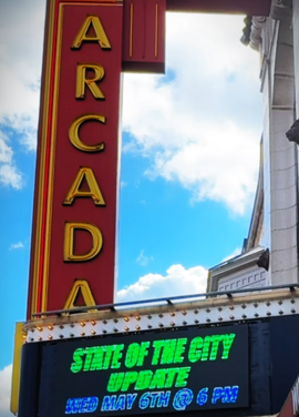 Theater Marquee with the STate of the City date and time.