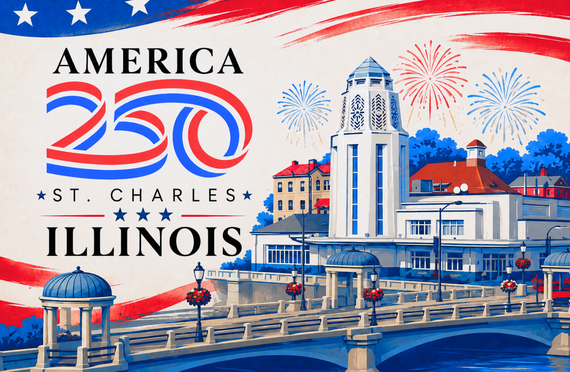 An illustration of the Municipal Building with fireworks and a patriotic motif.