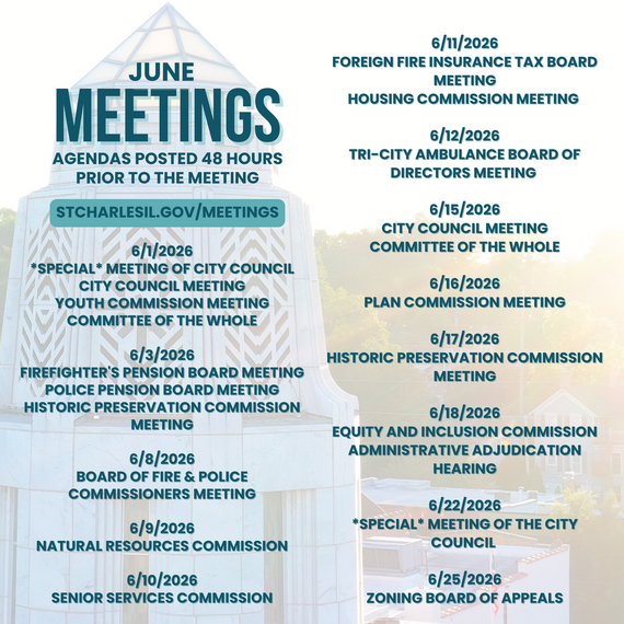 A graphic with the Municipal tower at sunrise with the dates of upcoming meetings listed on the image.