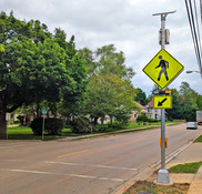 A flashing beacon sidewalk sign is installed at a crosswalk.