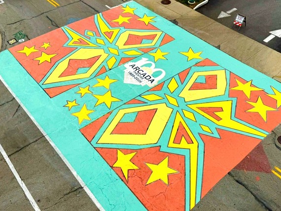 A view of the Paint the Street design from above. It is a nod to the Arcada Theatre's 100th Anniversary this year.