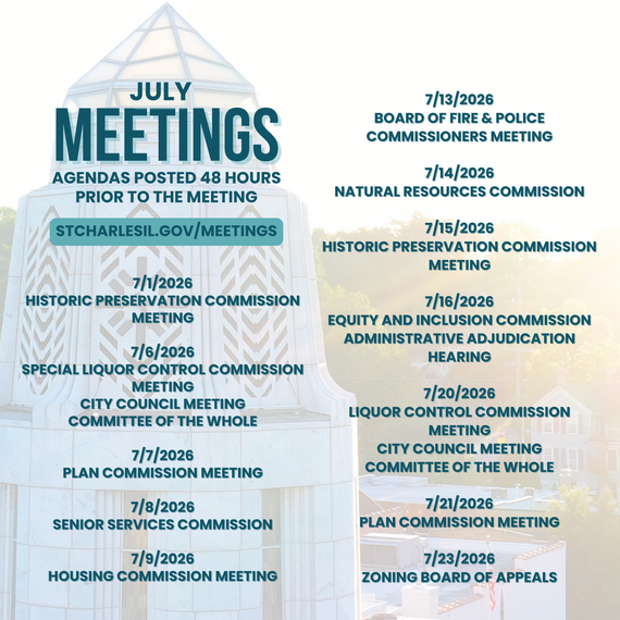 July graphic with all of the month's meetings listed with the municipal tower in the background.