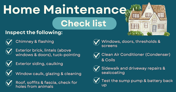 A teal background with a checklist for home maintenance items. 