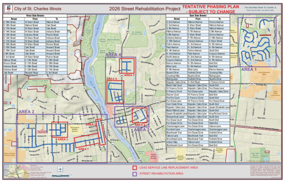 A map of the city of st. charles with different areas sectioned off and to be included with the street rehabilitation program.