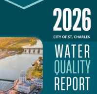 The Water Quality Report cover with a teal background and an aerial shot of the Fox River and Municipal Building.