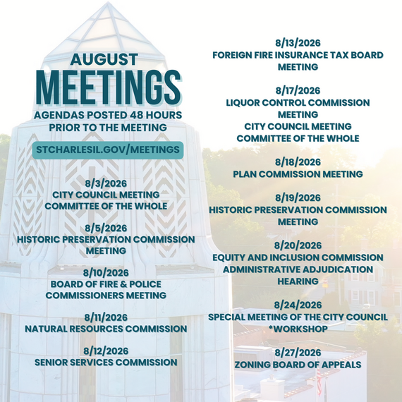 A graphic that shows the dates of meetings held at City Hall in August 2026.