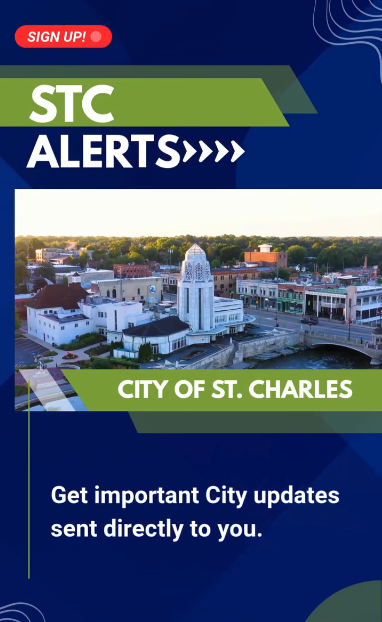 A graphic with the Municipal Building tower with STC Alerts and other text on screen and blue and green design elements.