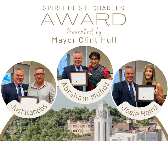 A graphic with Mayor Hull and the Spirit of St. Charles recipients for July.