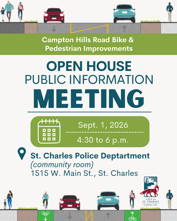 An invitation for residents to attend an open house public information meeting about the Campton Hills Road bike and pedestrian improvements.