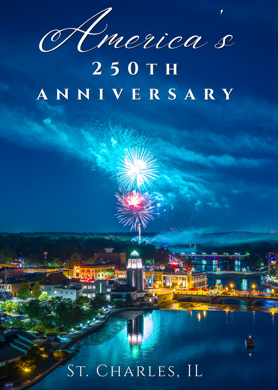 Fireworks above downtown St. Charles at night with boats on the Fox River in the foreground.