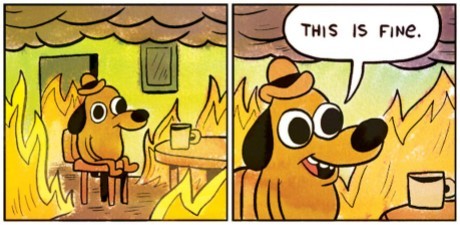This Is Fine meme (no border) - a dog sitting in a cafe drinking coffee with flames around him, and saying 