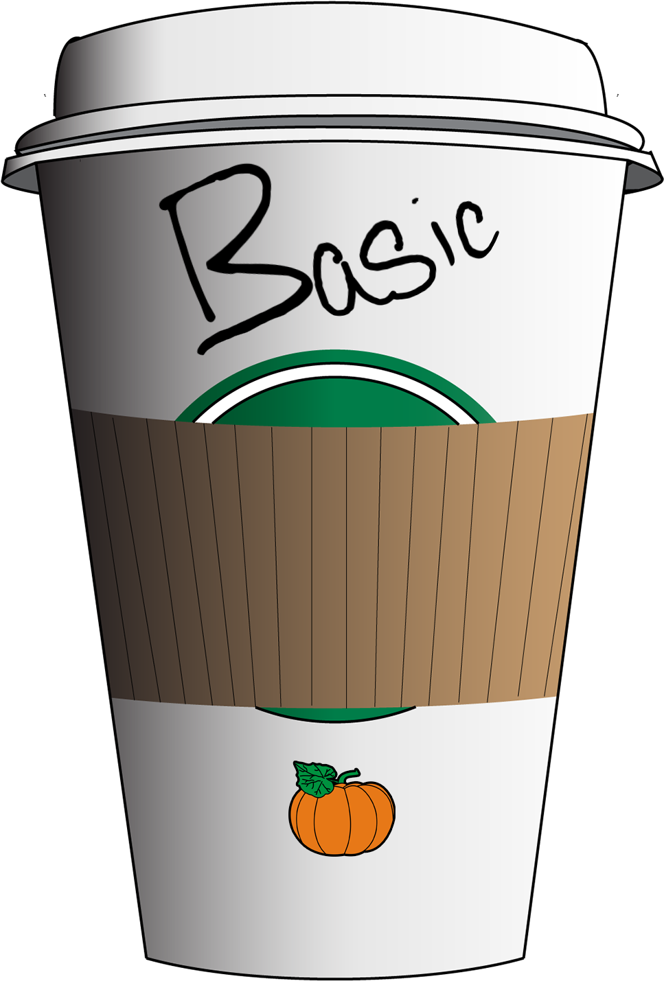 To-go coffee cup with a pumpkin sticker and the word Basic used as the handwritten name.