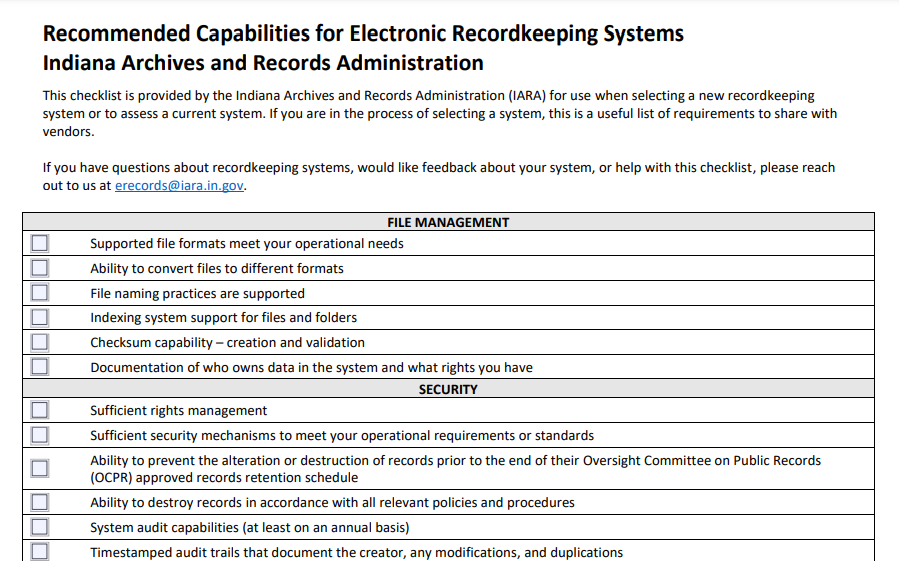 Recommended Capabilities for Electronic Recordkeeping Systems Checklist