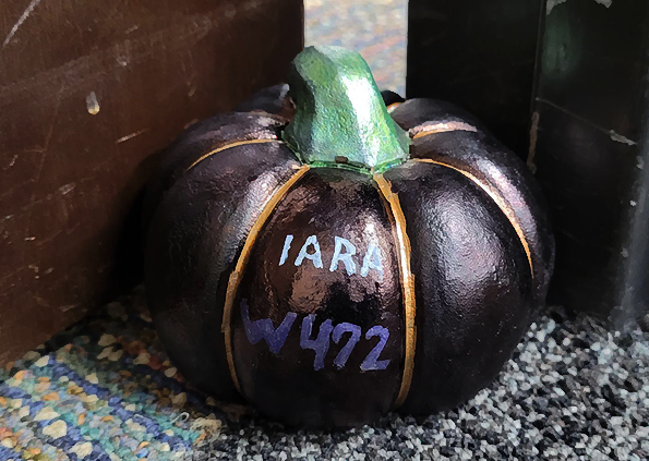 Jack-o-Lantern Doorstop - back, with agency abbreviation and room#