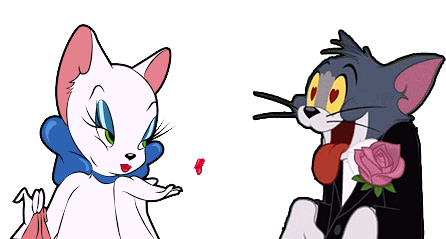 Tom the Cat in Love: Tom stands with literal hearts in his eyes and tongue hanging out as he looks at a white female cat who blows him a kiss.