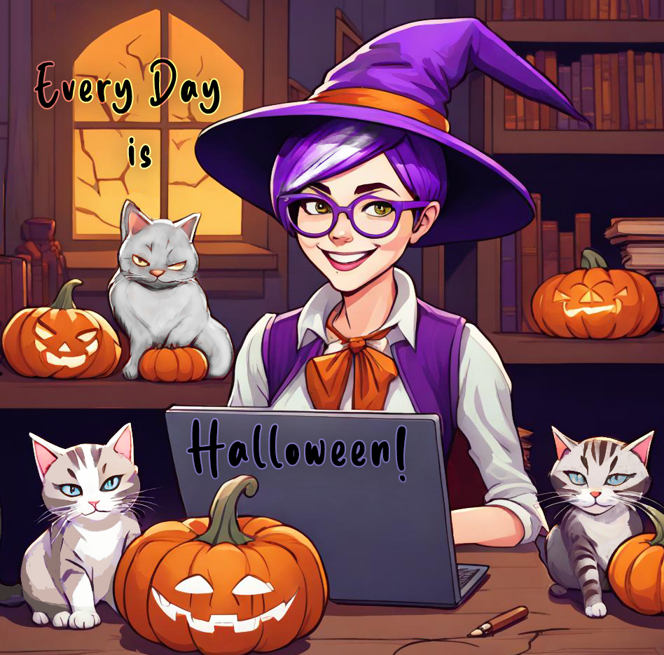 Every Day Is Halloween! (Says this cartoon Amy wearing a witch hat and surrounded by cats.)