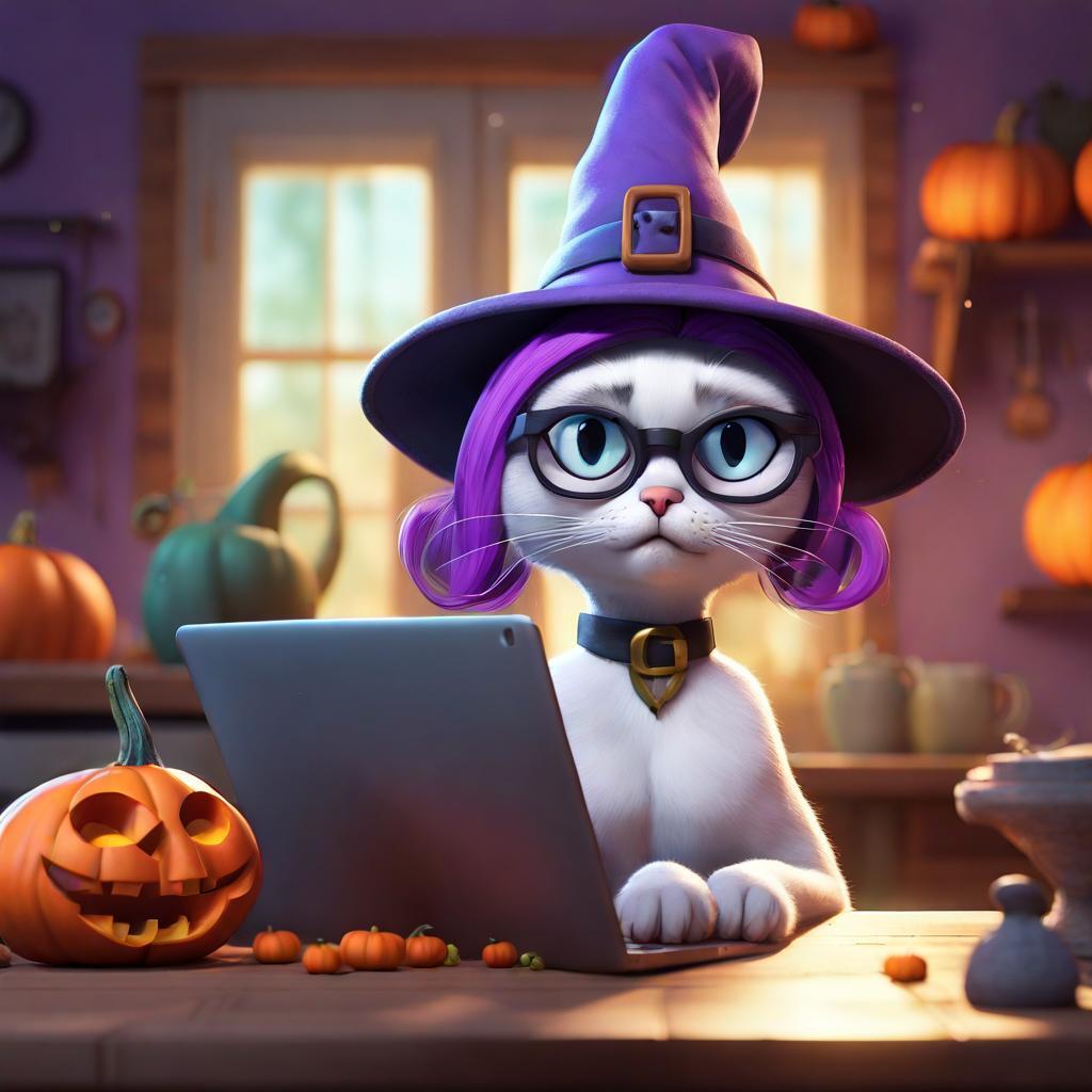 Kitten in a witch-hat wearing glasses and a wig.