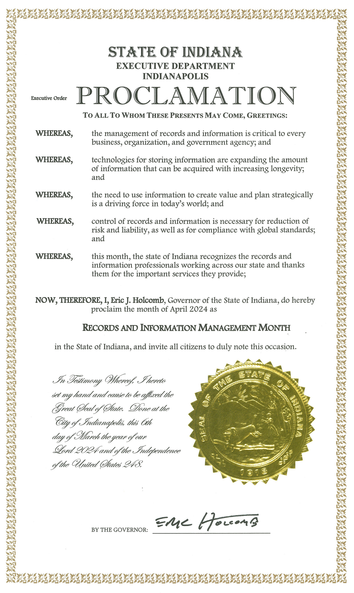 2024 Indiana Records and Information Management Month Proclamation