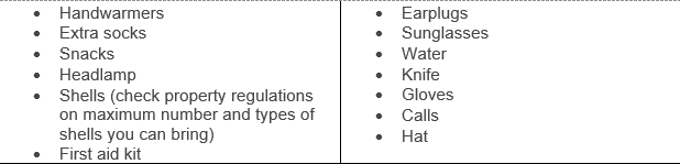 Handwarmers, extra socks, snacks, headlamp, shells, first aid kit, earplugs, sunglasses, water, knife, gloves, calls, hat