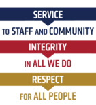 Service to staff and community, Integrity in all we do, Respect for all people