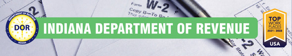 Indiana Department of Revenue with DOR Seal and a stack of W-2 Forms