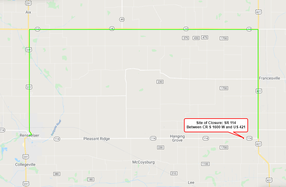 State Road 114 to be closed just west of U.S. 421 beginning April 12, 2021