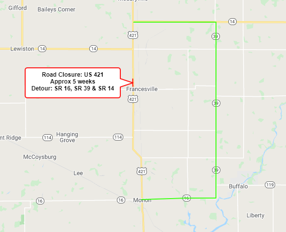 U.S. 421 to be closed north of Francesville on or after Monday, August 23, 2021