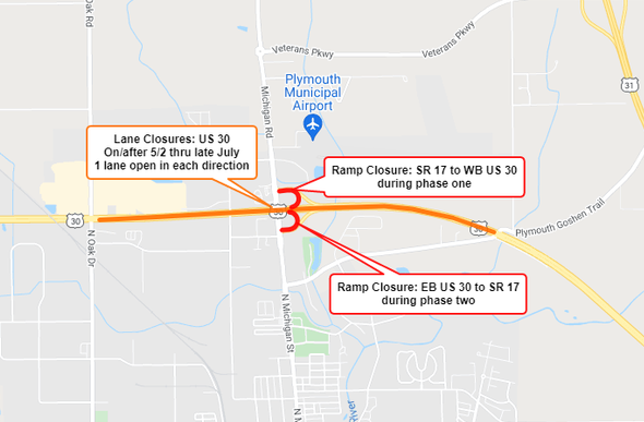 U.S. 30 to have lane closures north of Plymouth